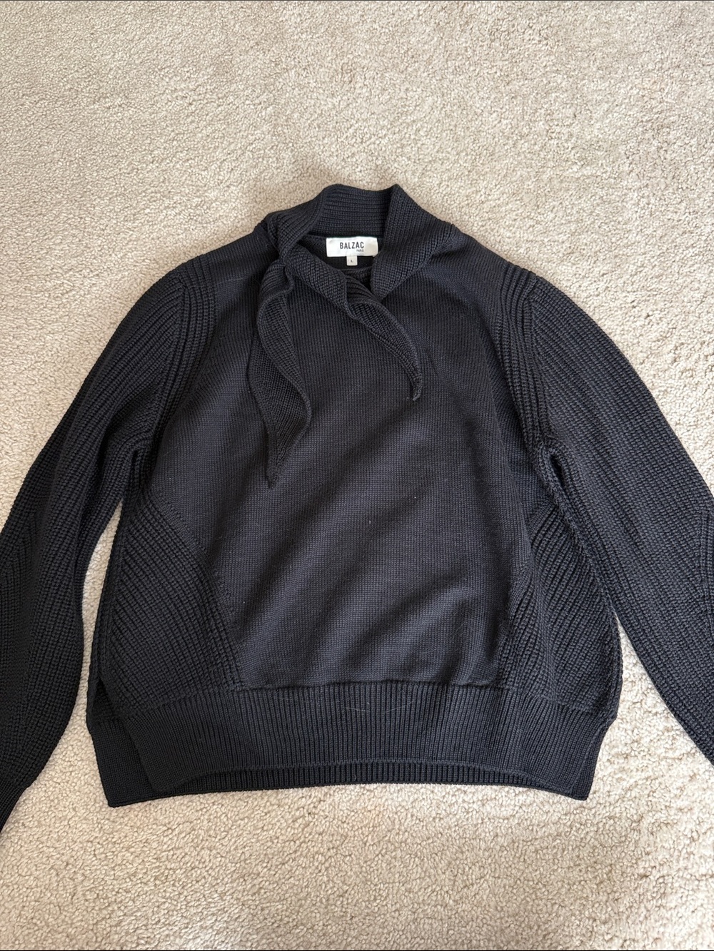 Balzac Paris Black Knit Tie-Neck  Wool Sweater Large